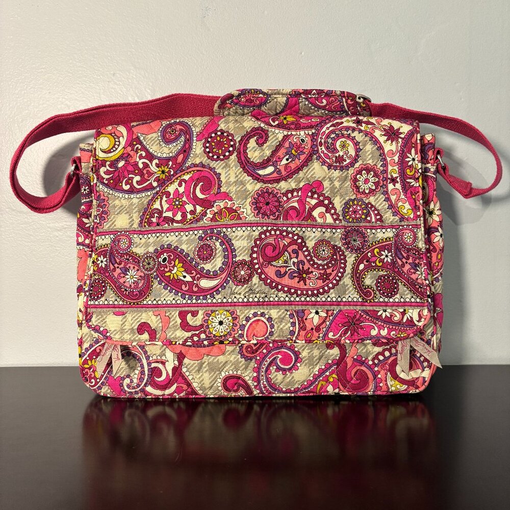 Vera Bradley Paisley Meets Plaid Pink and Gray Quilted Messenger Bag